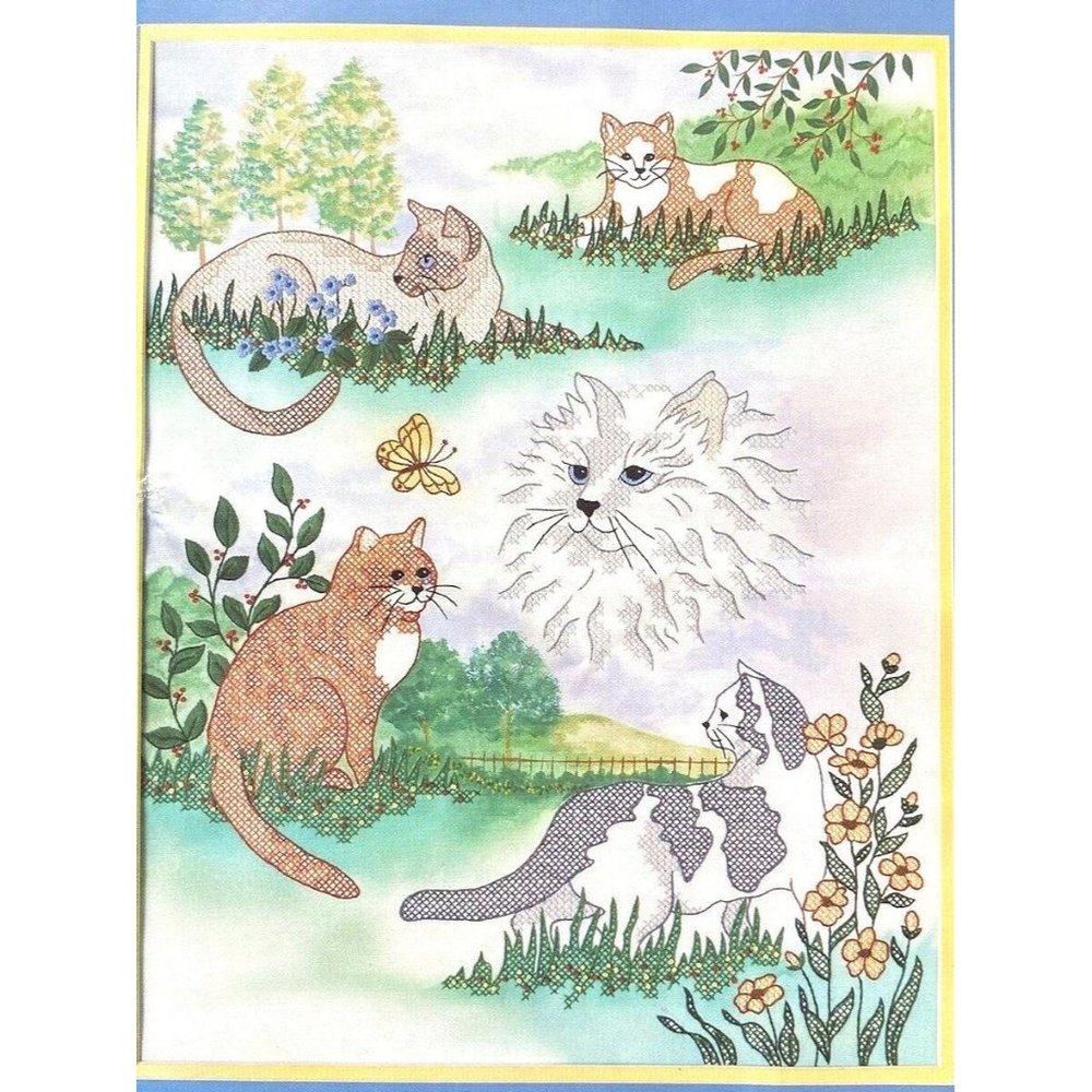 Stamped Cross Stitch Golden Bee Cat Kittens Collage Picture 20293 Vtg 14" x 18"